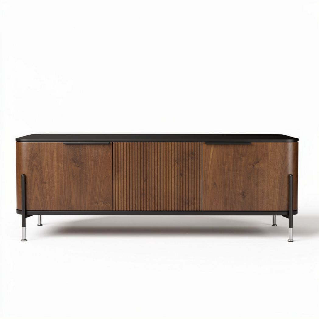 Houten tv-meubel met zwart bovenblad en metalen poten 150 x 40 x 60cm