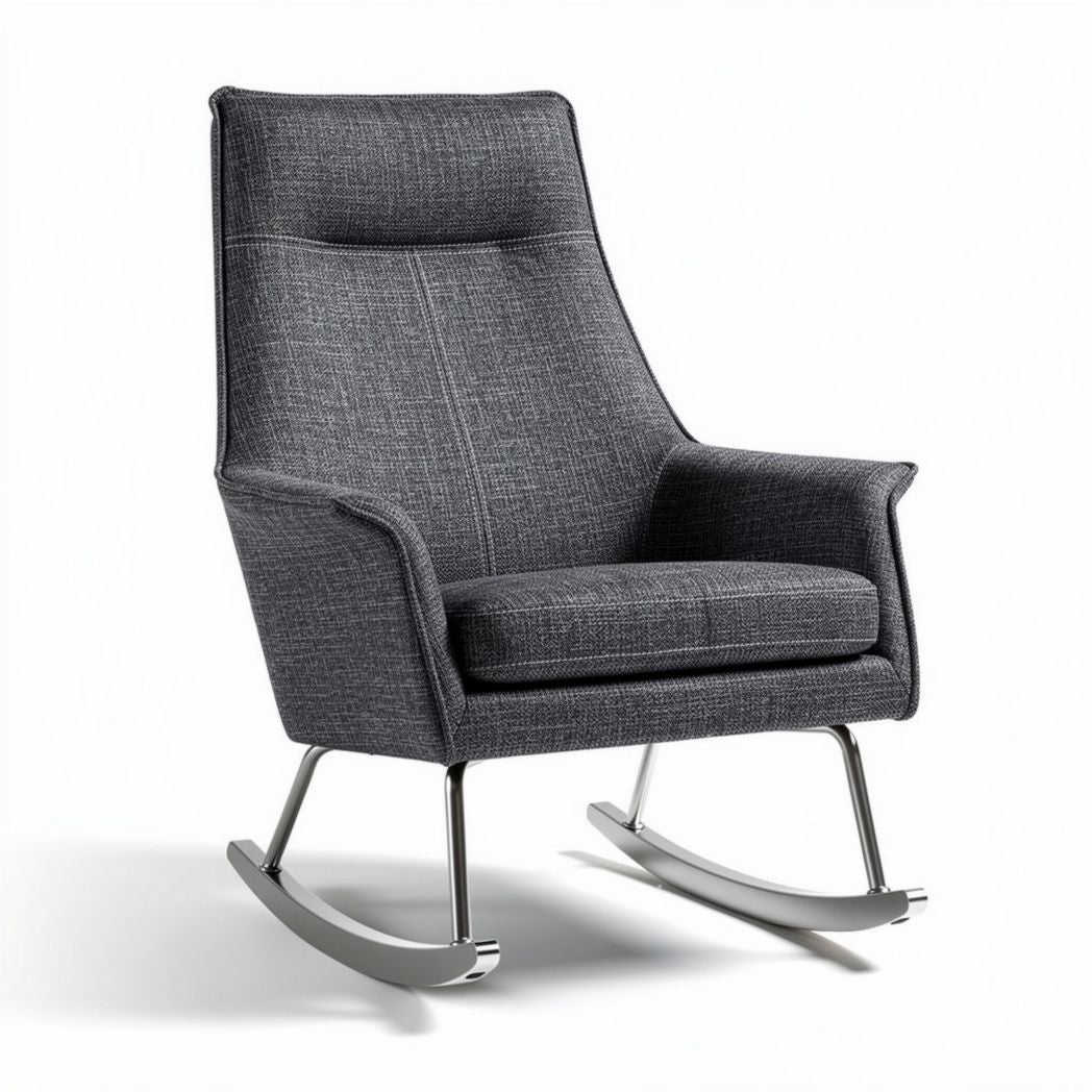 Zwart stoffen schommelstoel met metalen basis en afmetingen 90 x 75 x 100cm
