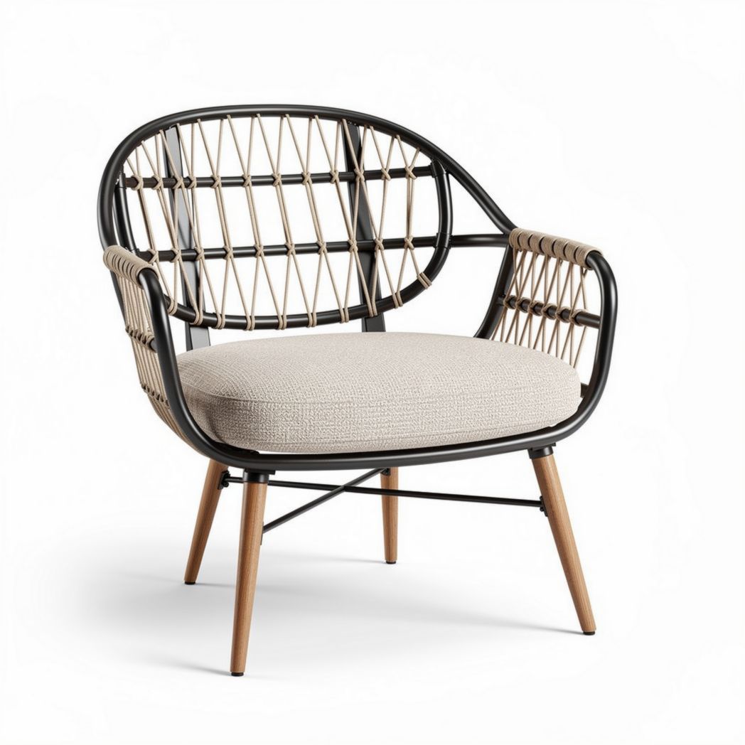 Rotan stoel met stoffen zitting en zwart metalen frame 80 x 70 x 75cm