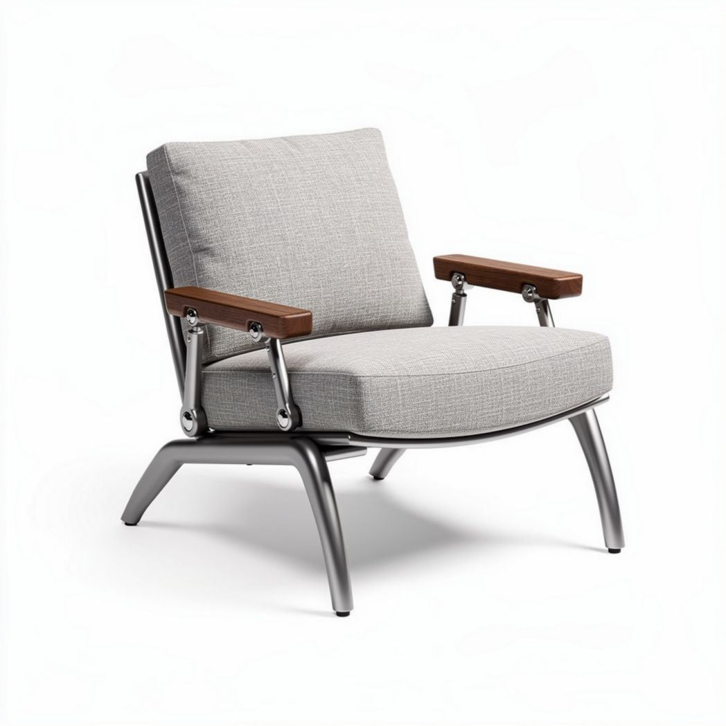 Lounge stoel met grijze stof en houten armleuningen 80 x 75 x 75cm