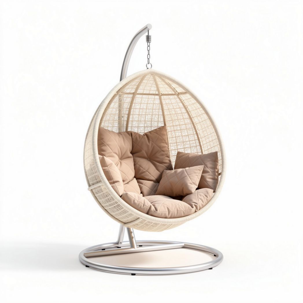 hangstoel van kunststof met kussens in beige en metalen standaard 100 x 100 x 120cm