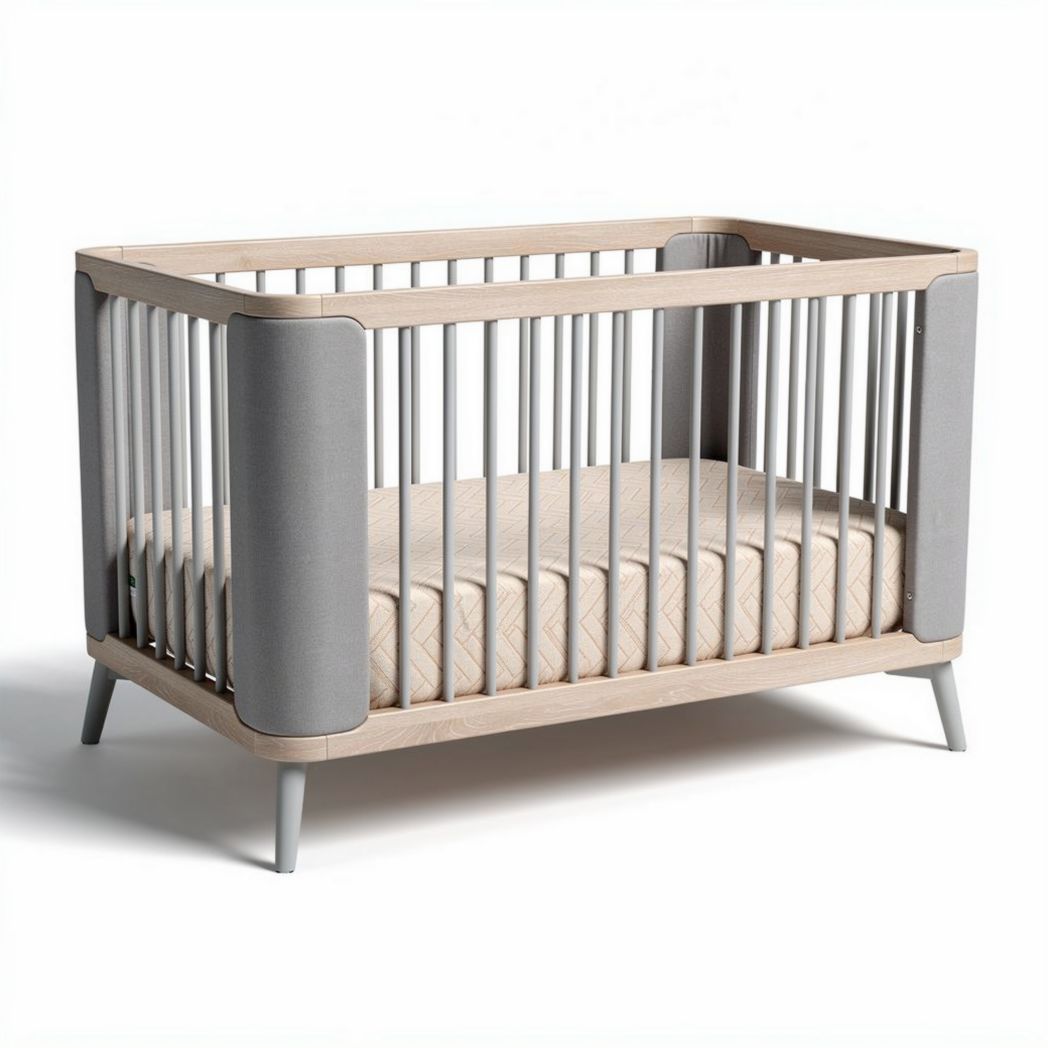 Houten kinderbed van 120 x 60 x 80 cm met grijze stof en lattenwand