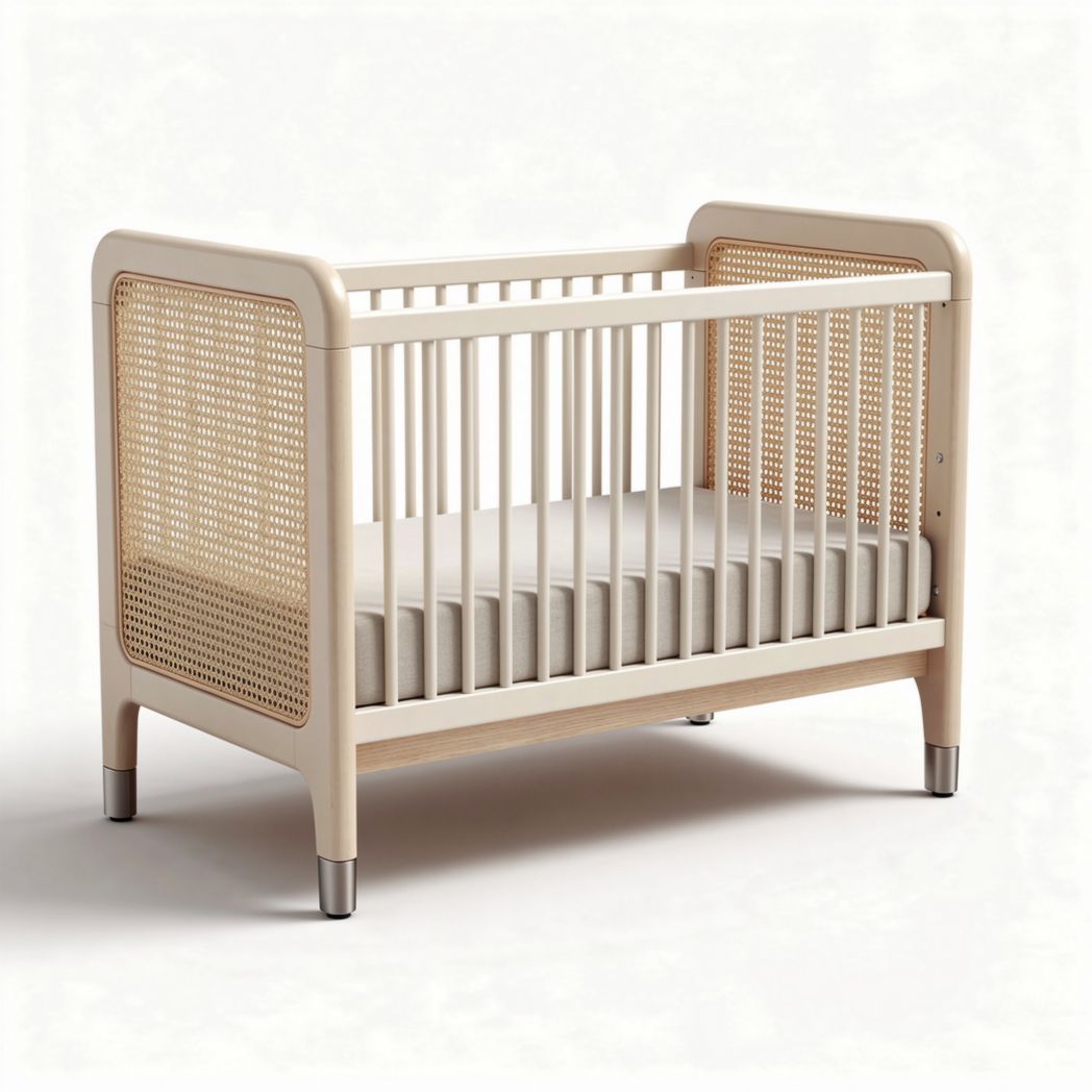 Kinderbed van massief hout met rotan elementen afmetingen 120 x 60 x 90 cm
