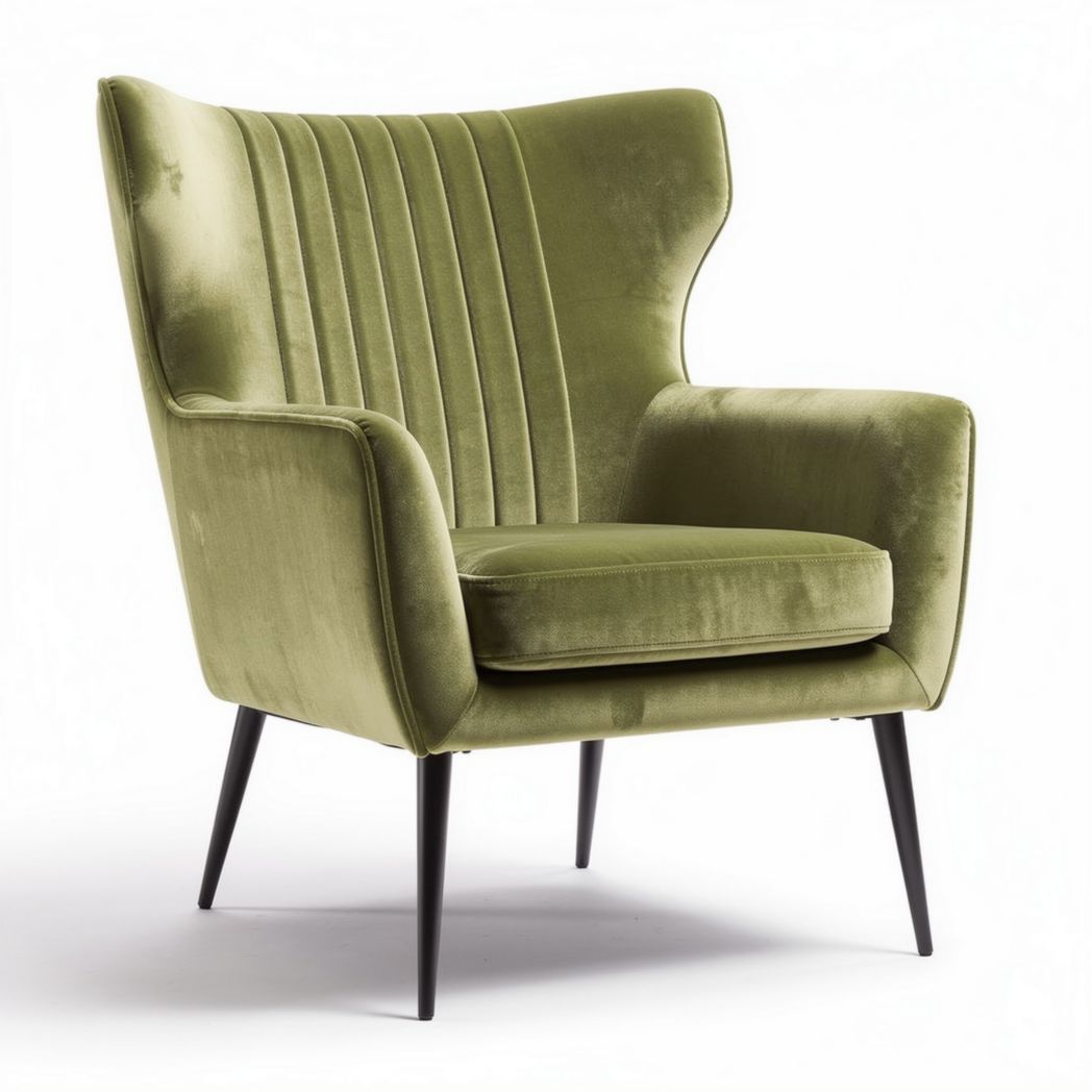 Groene fluwelen fauteuil met zwart metalen poten en gestreepte rugleuning